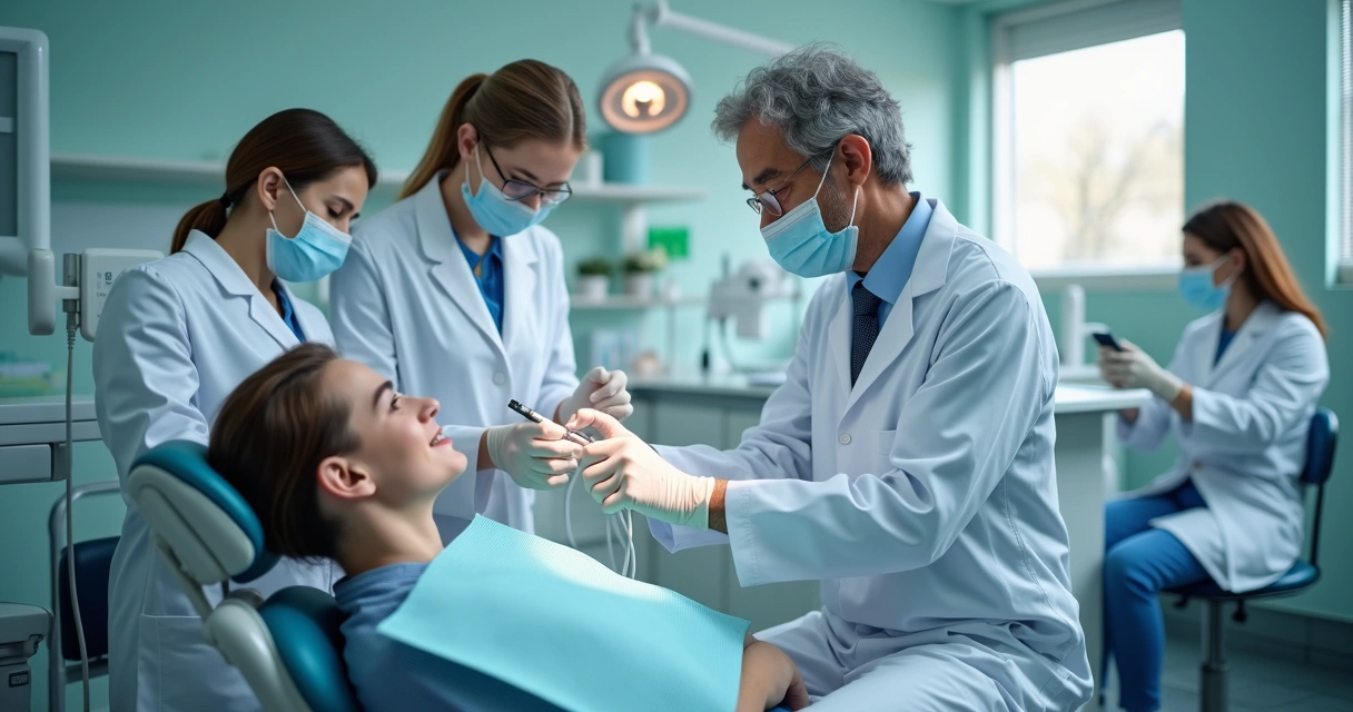 Equipe odontológica com auxiliar de saúde bucal apoiando dentista em clínica moderna 