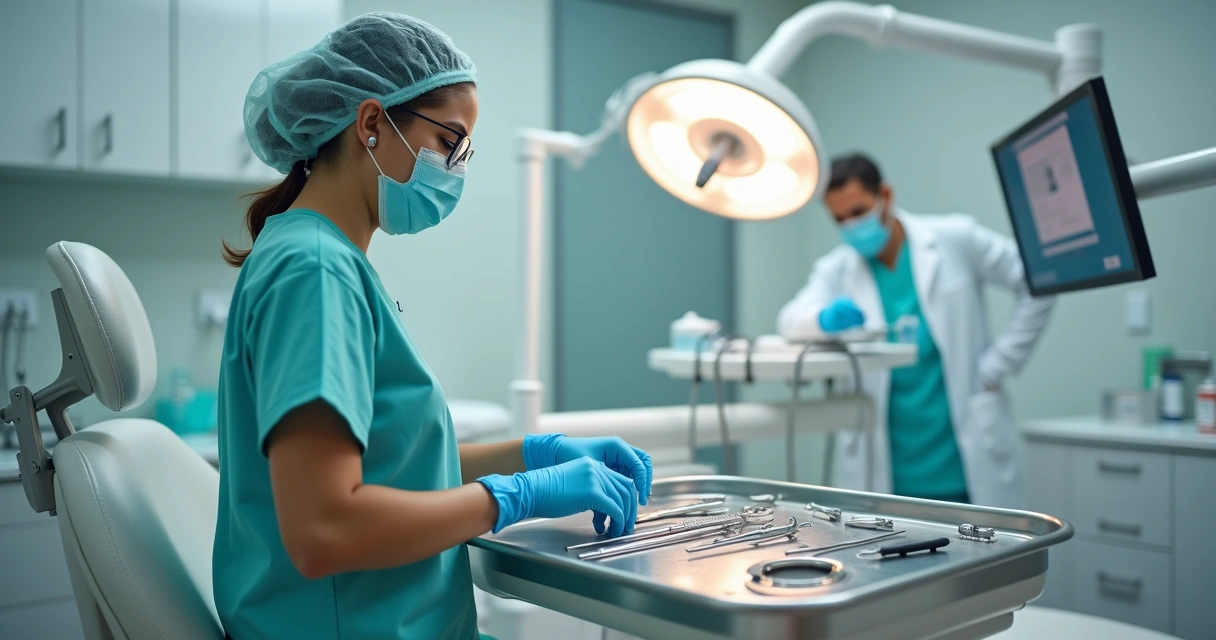 Auxiliar de saúde bucal organizando bandeja de instrumentos em consultório odontológico moderno 