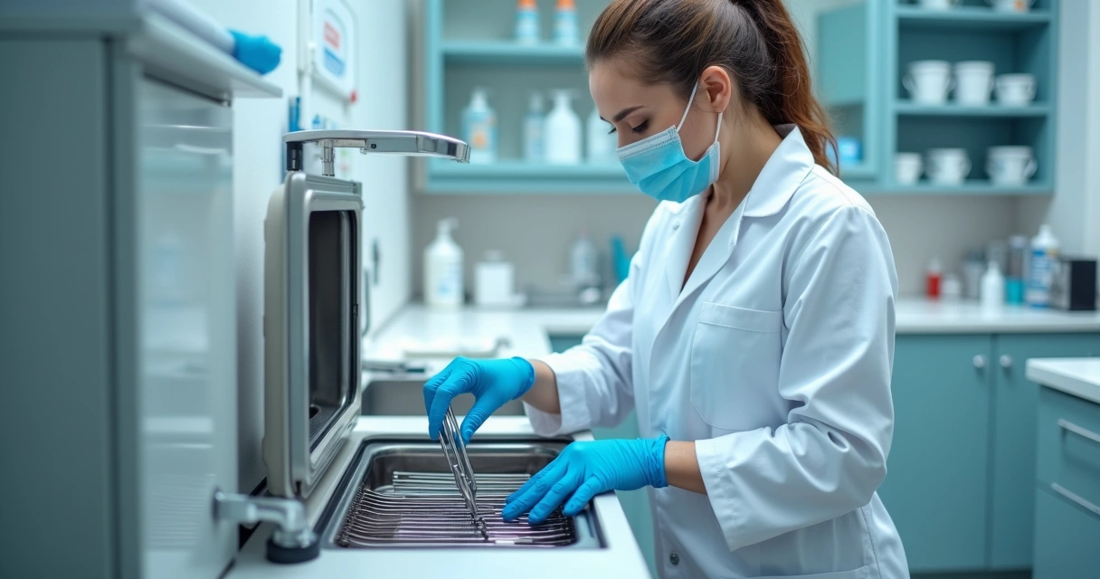 Auxiliar de Saúde Bucal higienizando instrumentos odontológicos em sala de esterilização 