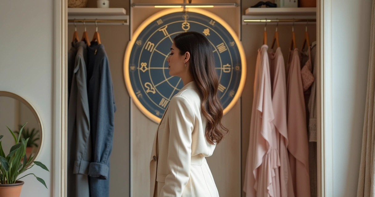 Mulher em pé diante de roda zodiacal escolhendo roupas que refletem seu ascendente 