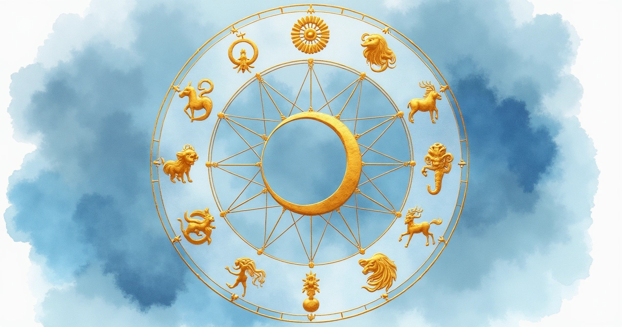 Ilustração do símbolo do ascendente rodeado pelos doze signos zodiacais em fundo aquarelado azul claro. 