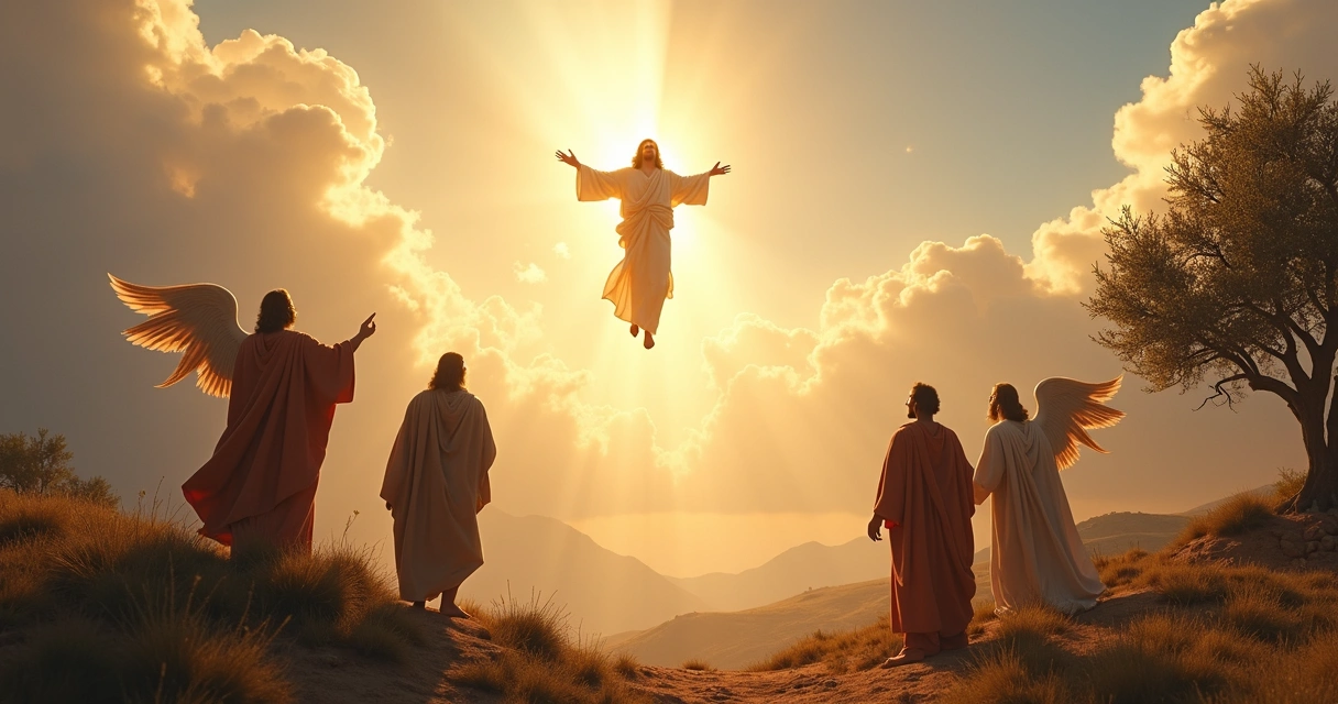 Jesus ascendendo ao céu rodeado por nuvens e discípulos olhando para cima 
