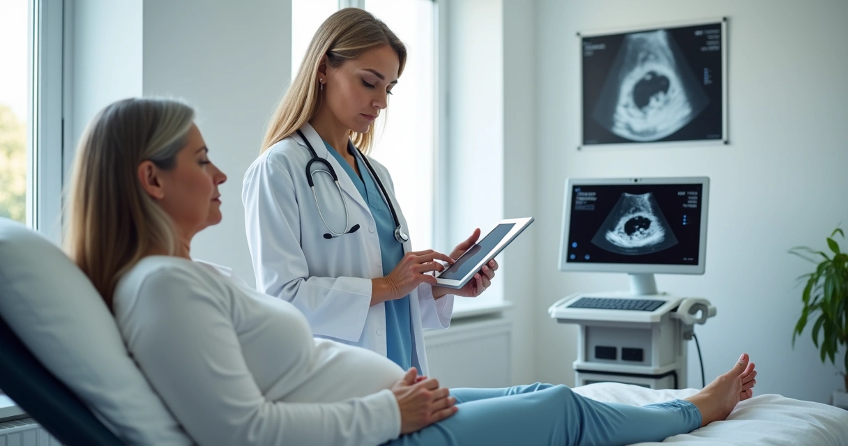 Médica mostrando em tablet acúmulo de líquido abdominal em exame de ultrassom a paciente com barriga aumentada 