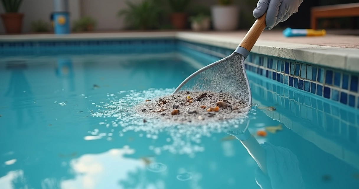Leaf net removing ash and debris from a swimming pool surface