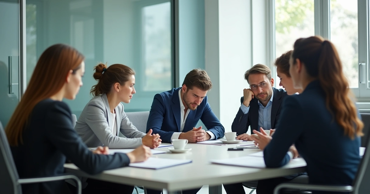 Uncomfortable team member avoiding eye contact during group discussion 