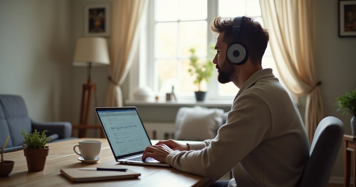 Persona con auriculares trabajando en portátil desde salón 