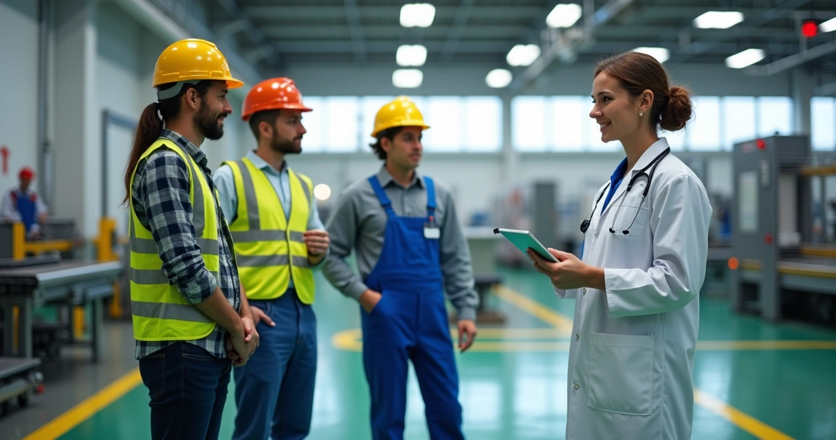 Equipe diversa de trabalhadores de indústria conversando com médica do trabalho em área segura da fábrica 