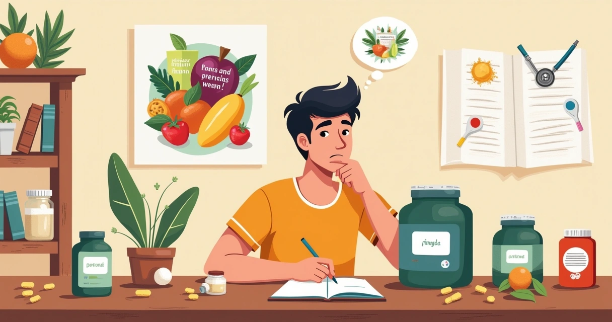 Ilustração de uma pessoa escrevendo metas de saúde em uma mesa com suplementos e frutas.