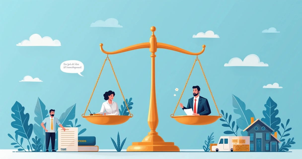 Ilustração de uma balança da justiça com documentos legais e um advogado em um escritório.