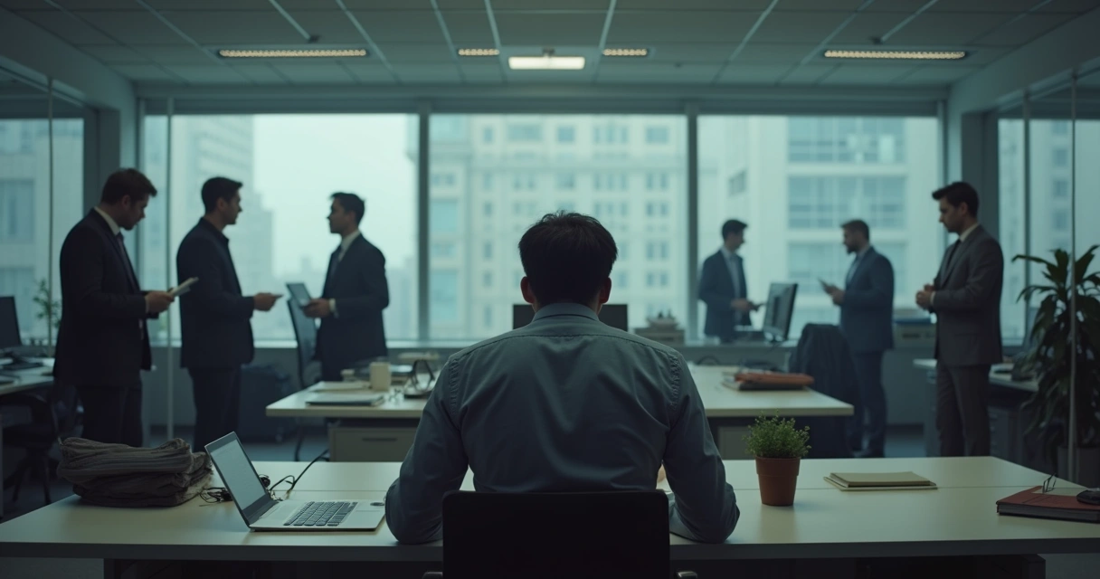 Pessoa em um escritório sendo ignorada por colegas de trabalho 