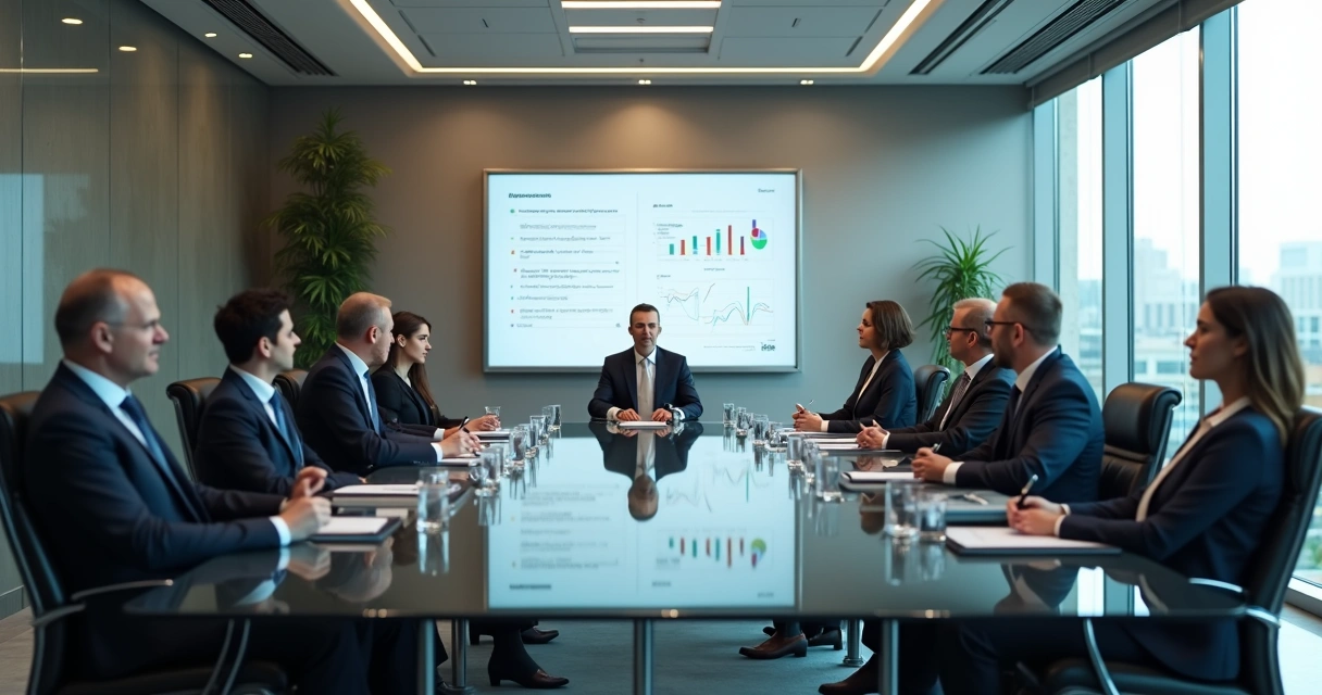Assembleia de acionistas em uma empresa, mostrando pessoas em terno sentadas em uma sala de reuniões moderna, quadro branco ao fundo com gráficos e estatísticas 