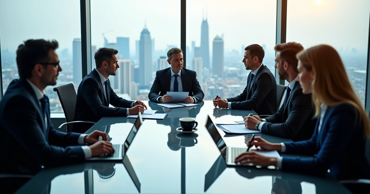 Executivos participando de assembleia de acionistas em sala de reunião com documentos e gráficos na mesa 
