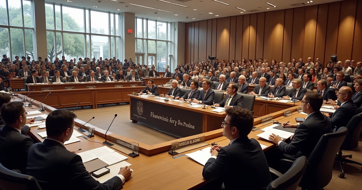 Audiência pública em assembleia com pessoas participando em mesas redondas
