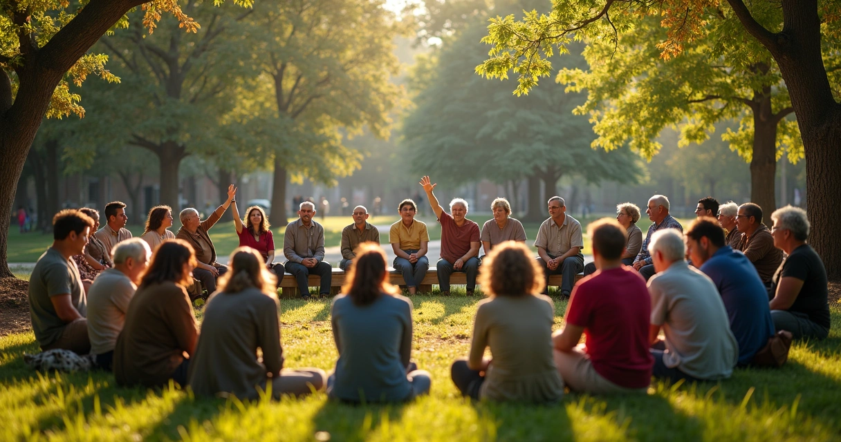Comunidade reunida em assembleia ao ar livre, pessoas debatendo juntas