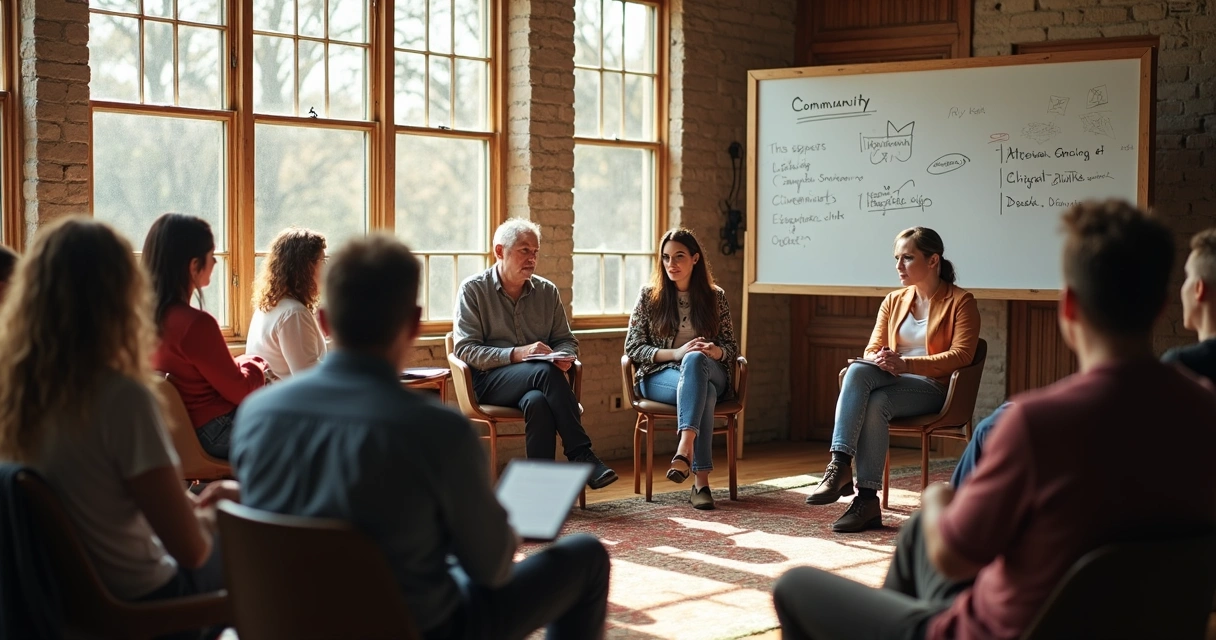 Encontro de comunidade discutindo em círculo 