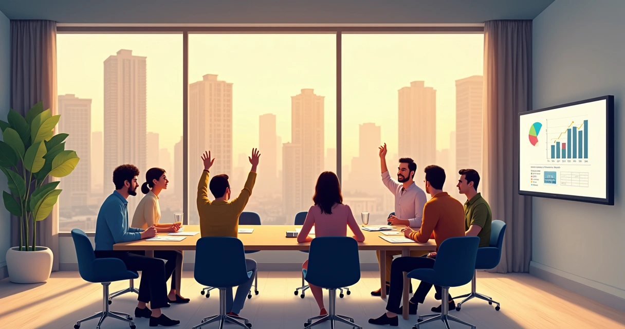 Assembleia de condomínio com moradores reunidos em volta de mesa em prédio residencial