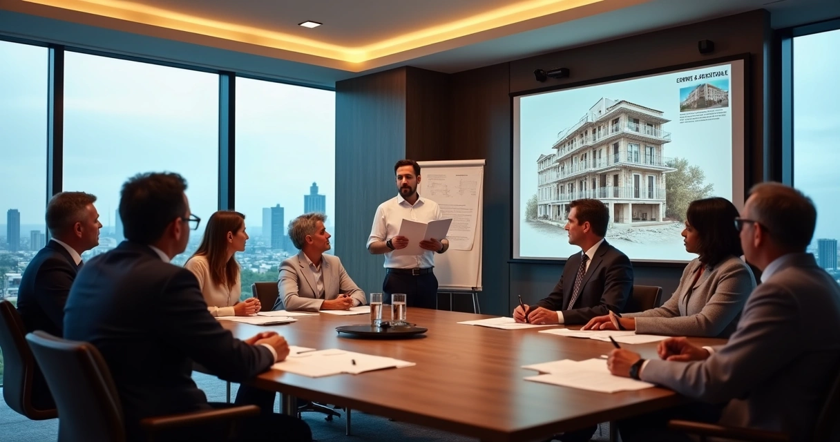 Assembleia de condomínio debatendo laudo de vício construtivo 