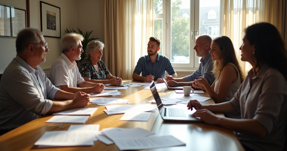 Assembleia de condomínio em debate em uma sala com moradores e síndico 