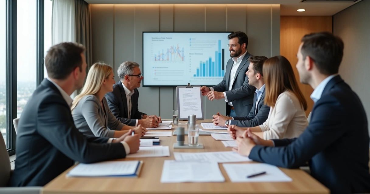 Síndico apresentando contrato em reunião de assembleia com condôminos 