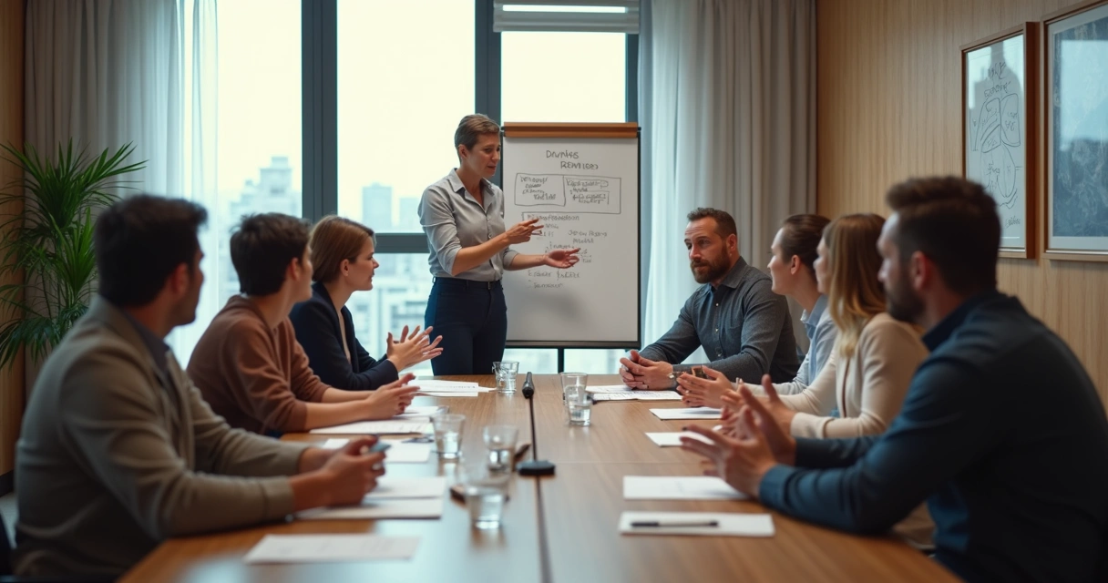 Assembleia de condomínio discutindo regras de locação em sala moderna 