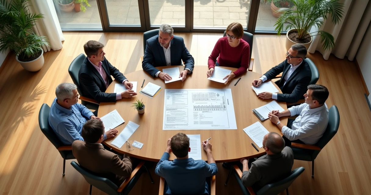 Assembleia de condomínio com pessoas sentadas discutindo projeto 
