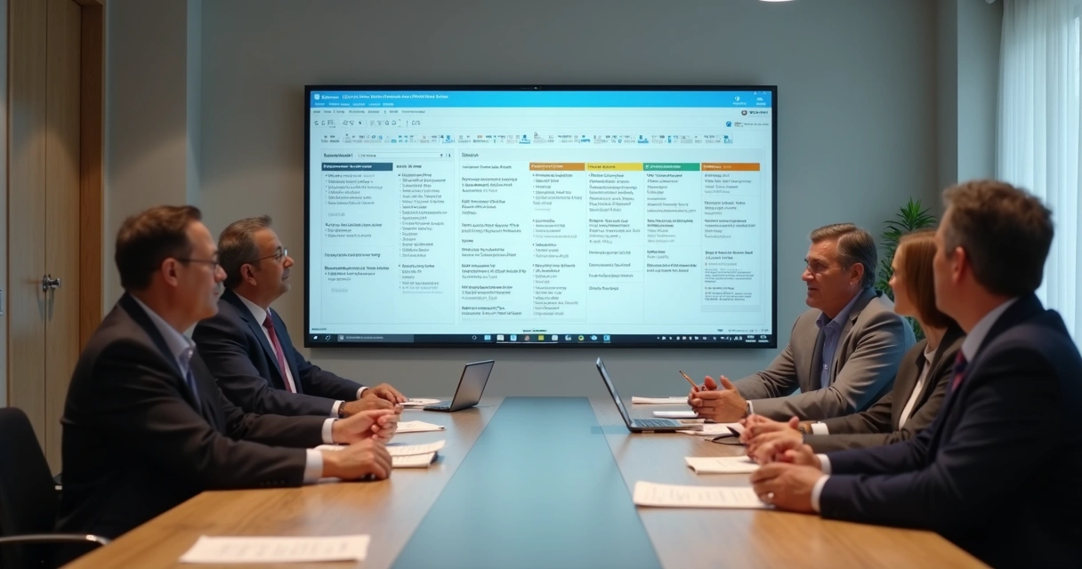Assembleia de condomínio com participantes acompanhando apresentação digital em tela grande