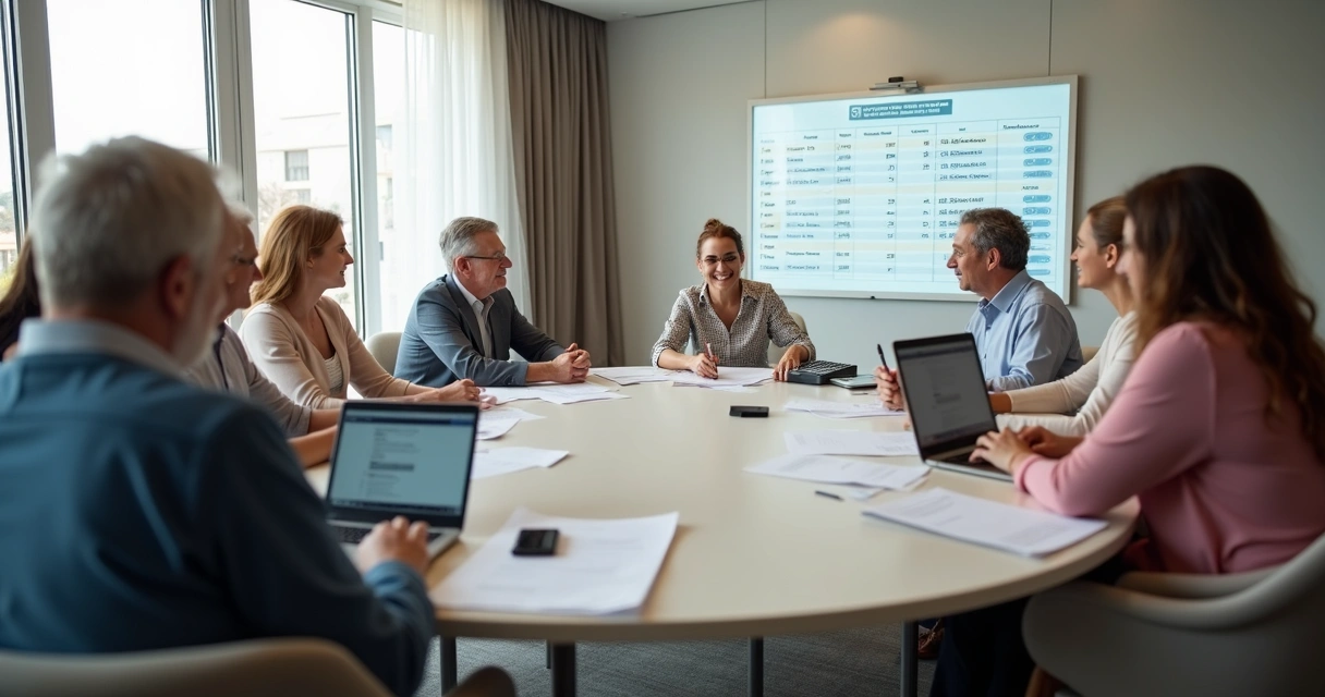 Assembleia de condomínio reunida em sala de reuniões 