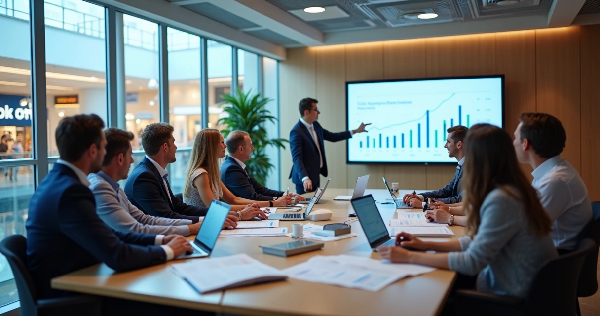 Assembleia de condôminos em shopping debatendo documentos 