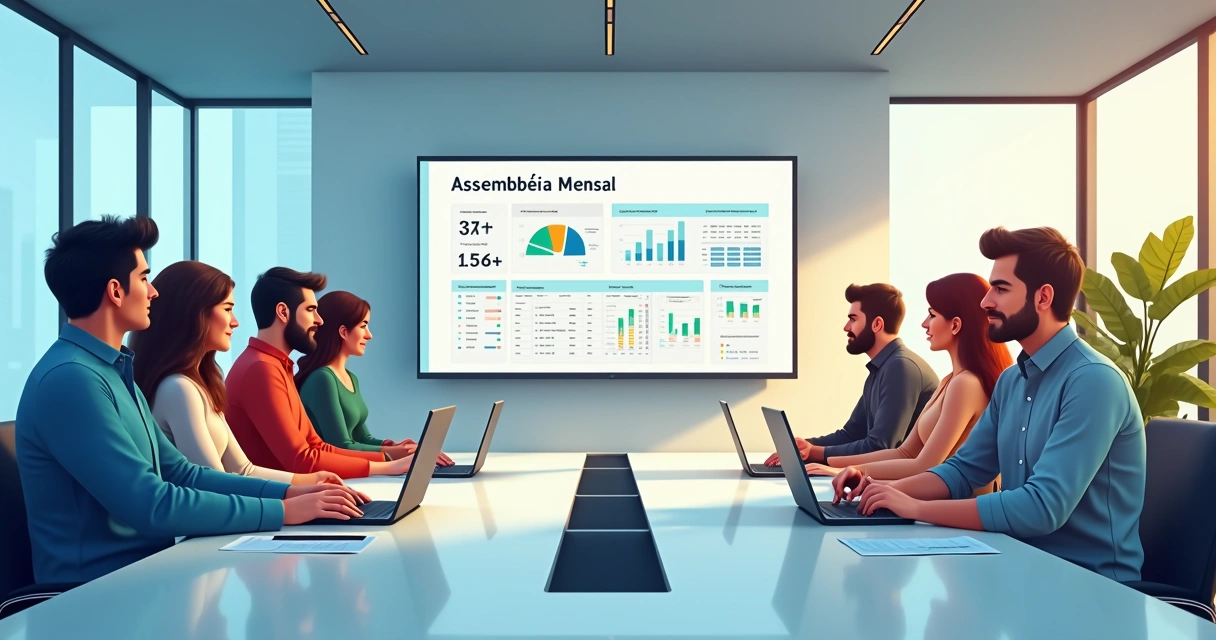 Participantes reunidos em assembleia digital de consórcio, conferindo resultados na tela. 