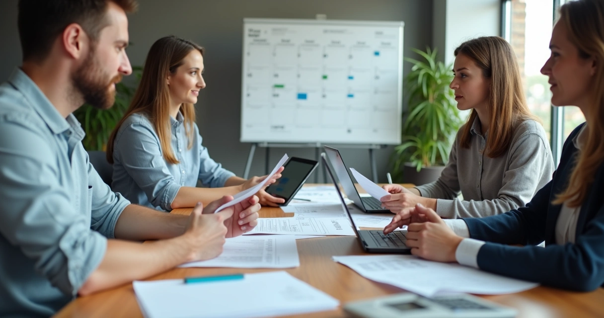 Mesa com grupo reunido para assembleia de consórcio 