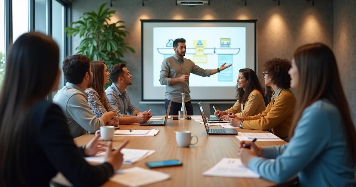 Pessoas reunidas em assembleia de consórcio em ambiente moderno 
