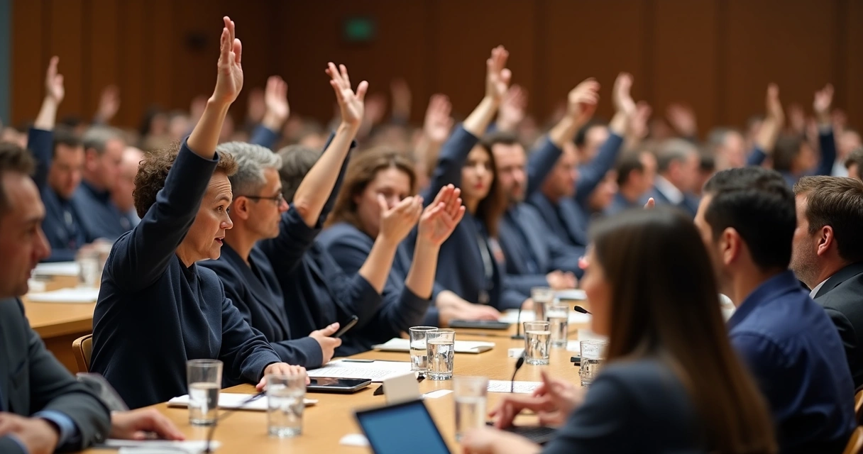 Assembleia com pessoas debatendo normas sociais 