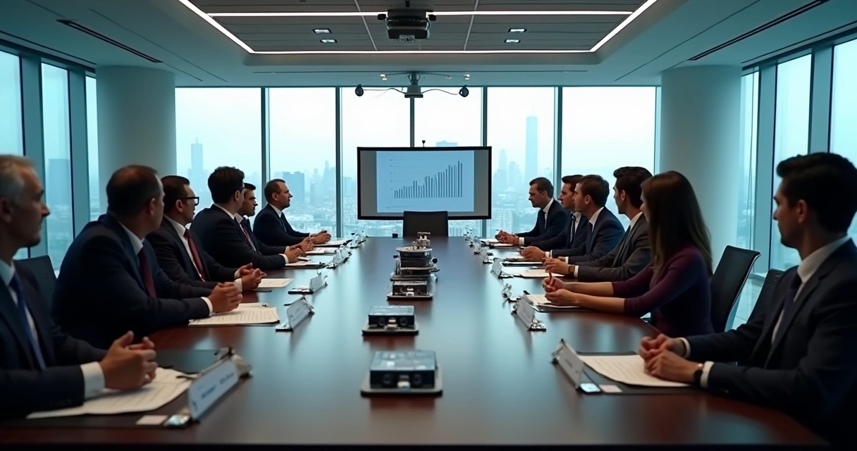 Sala de reunião ampla com diretoria e acionistas debatendo 