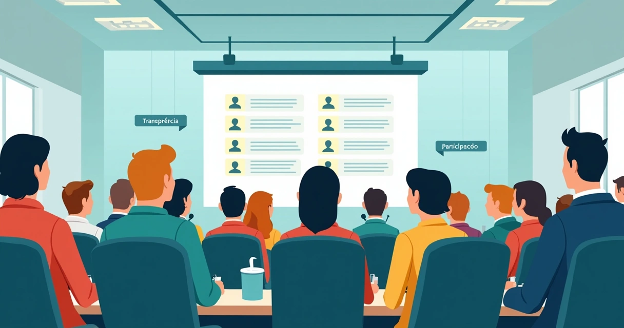 Assembleia de trabalhadores reunidos e painel digital 