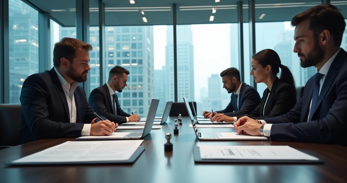 Registro de reunião empresarial formal em mesa de escritório