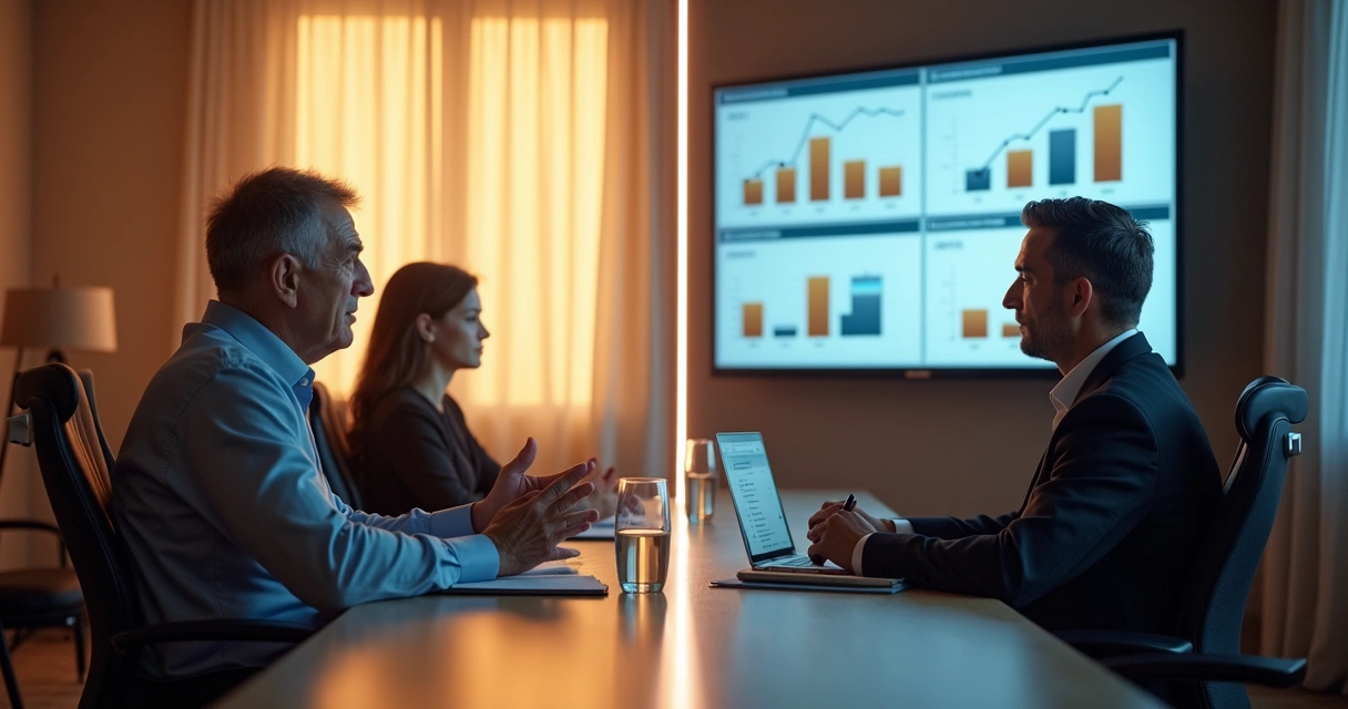 Representação realista de uma assembleia de condomínio e gestor de fundos imobiliários.