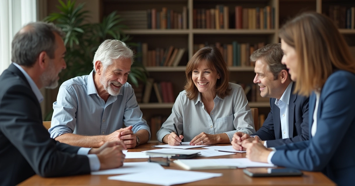 Assembleia de família ao redor de mesa discutindo regras da holding 
