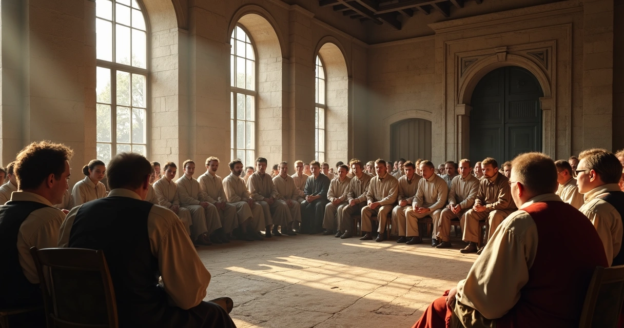 Representação de uma assembleia histórica com pessoas em círculo discutindo ideias