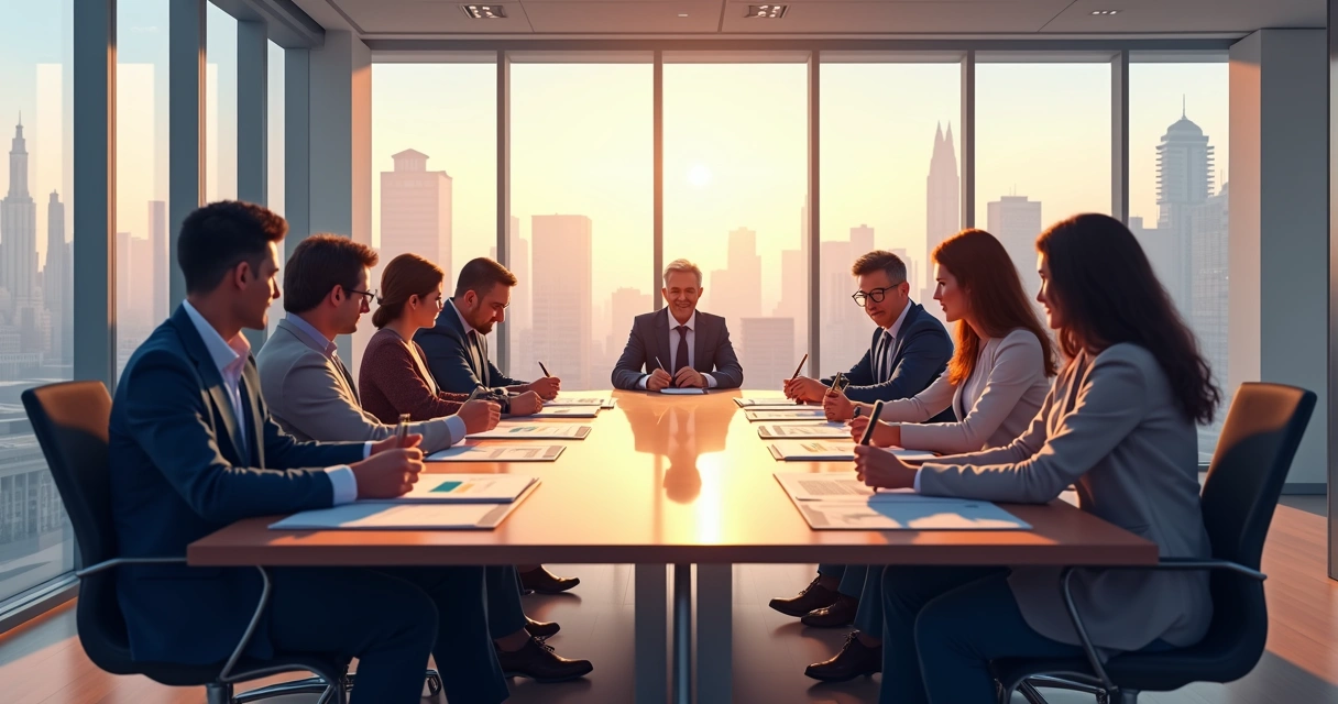 Reunião de assembleia em escritório moderno, sócios de diferentes idades discutindo questões da holding familiar