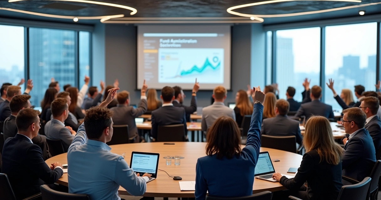 Assembleia de investidores votando em propostas de fundo de investimento
