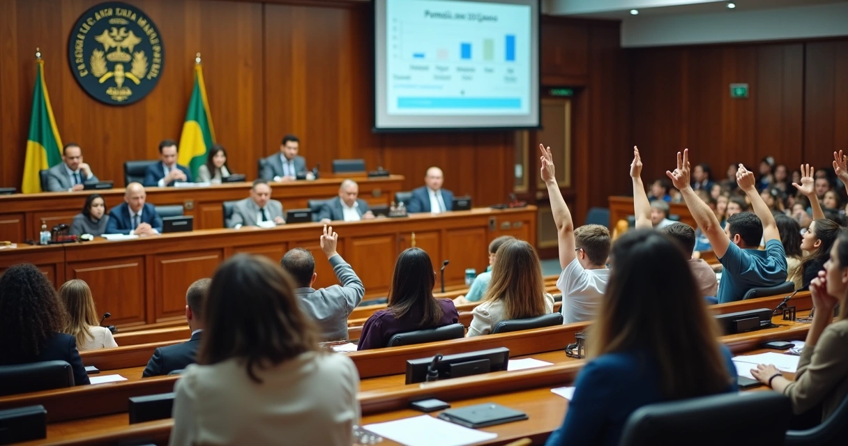 Assembleia de jovens em plenário municipal participando de sessão de votação.