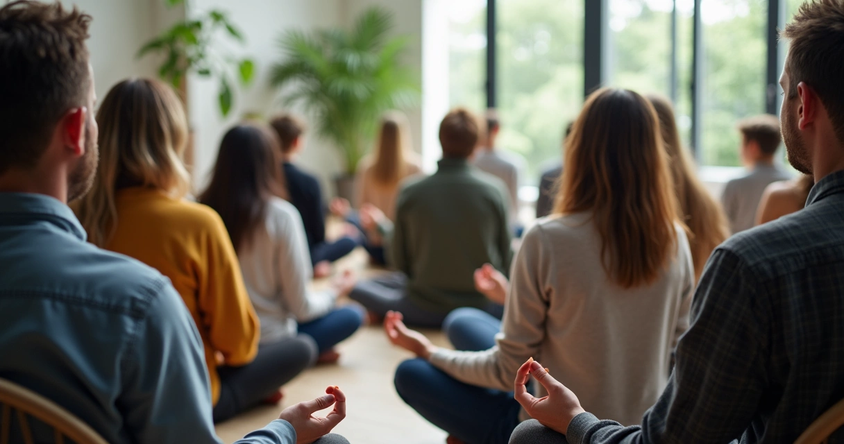 Pessoas sentadas em círculo realizando meditação coletiva em ambiente público 