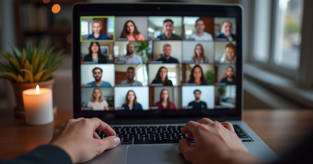 Participantes em assembleia virtual praticando meditação online juntos 