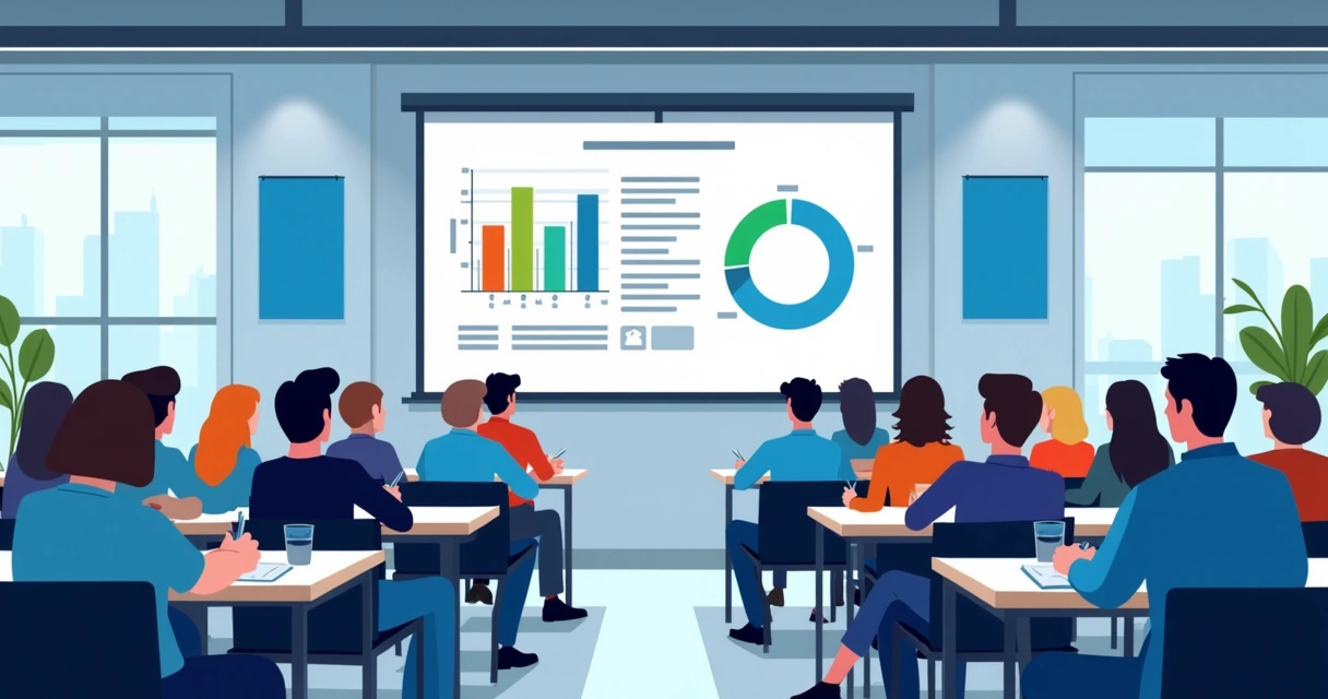 Assembleia com pessoas observando tela com resultados de pesquisa projetados 