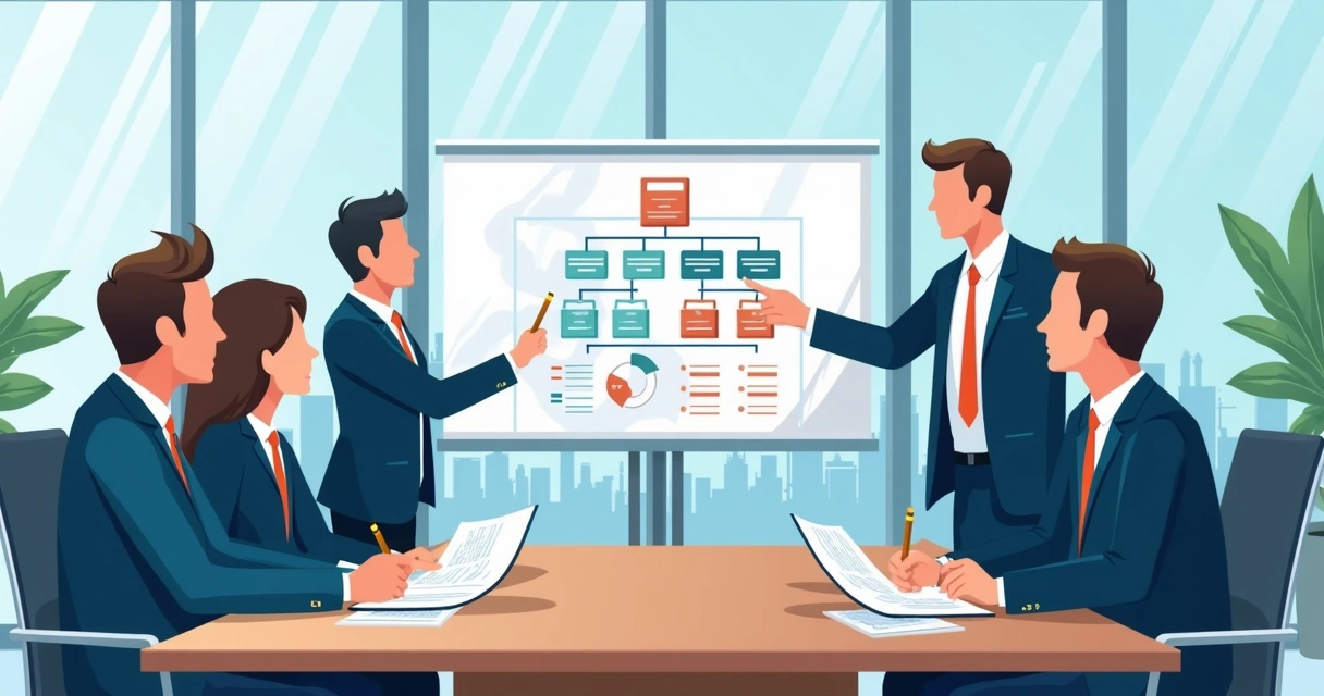 Líderes em sala de reunião corporativa discutindo documentos financeiros e estratégia 