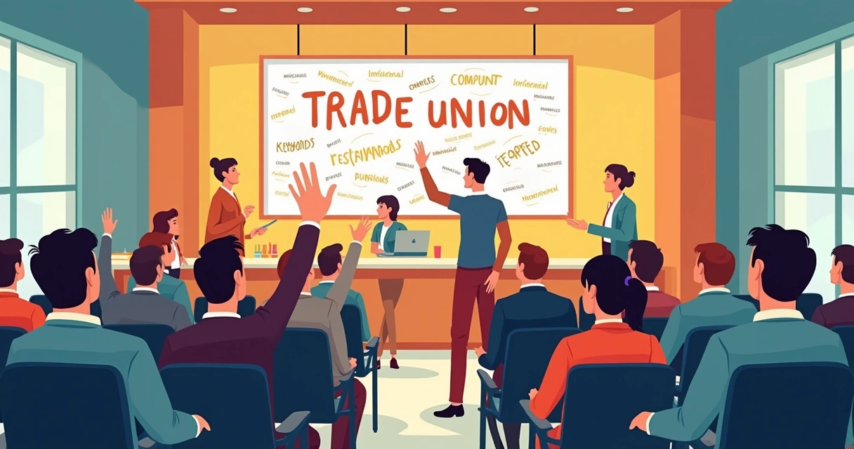 Assembleia sindical com quadro e gráficos de dados ao fundo 