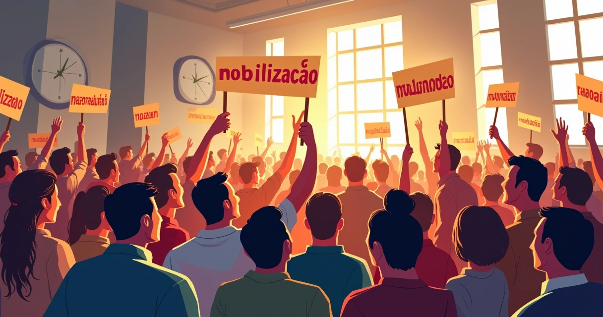 Assembleia sindical com cartazes de mobilização 