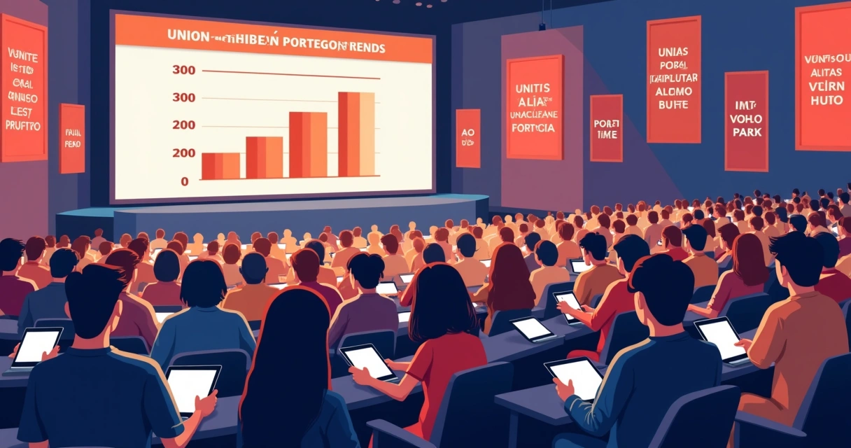 Assembleia sindical digital com pessoas votando em tablets