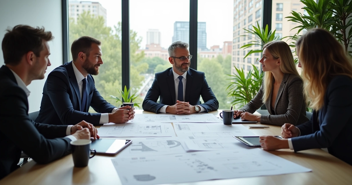 Reunião de sócios planejando a constituição de uma SPE, documentos jurídicos sobre a mesa, ambiente corporativo