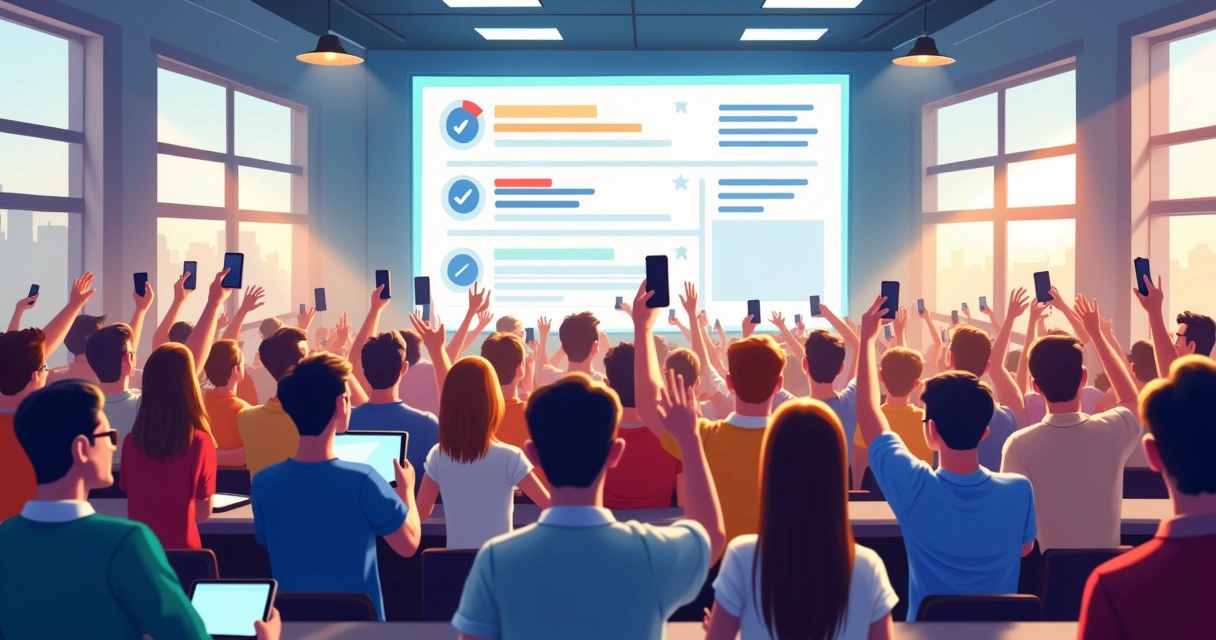 Assembleia sindical moderna com trabalhadores jovens usando celulares para votar digitalmente